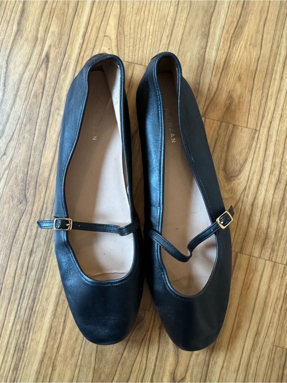 Cole Haan Black Mary Jane Flats with Gold Buckles